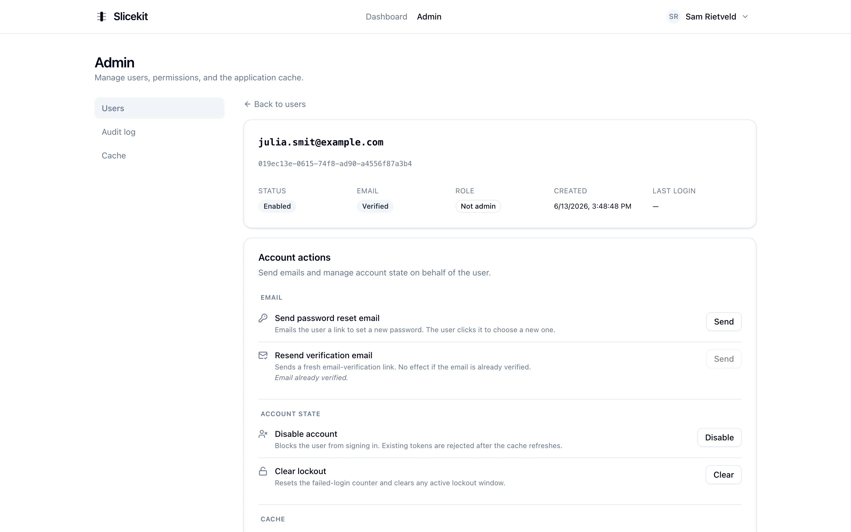 The Slicekit admin user detail page: profile, roles, sessions and audit history