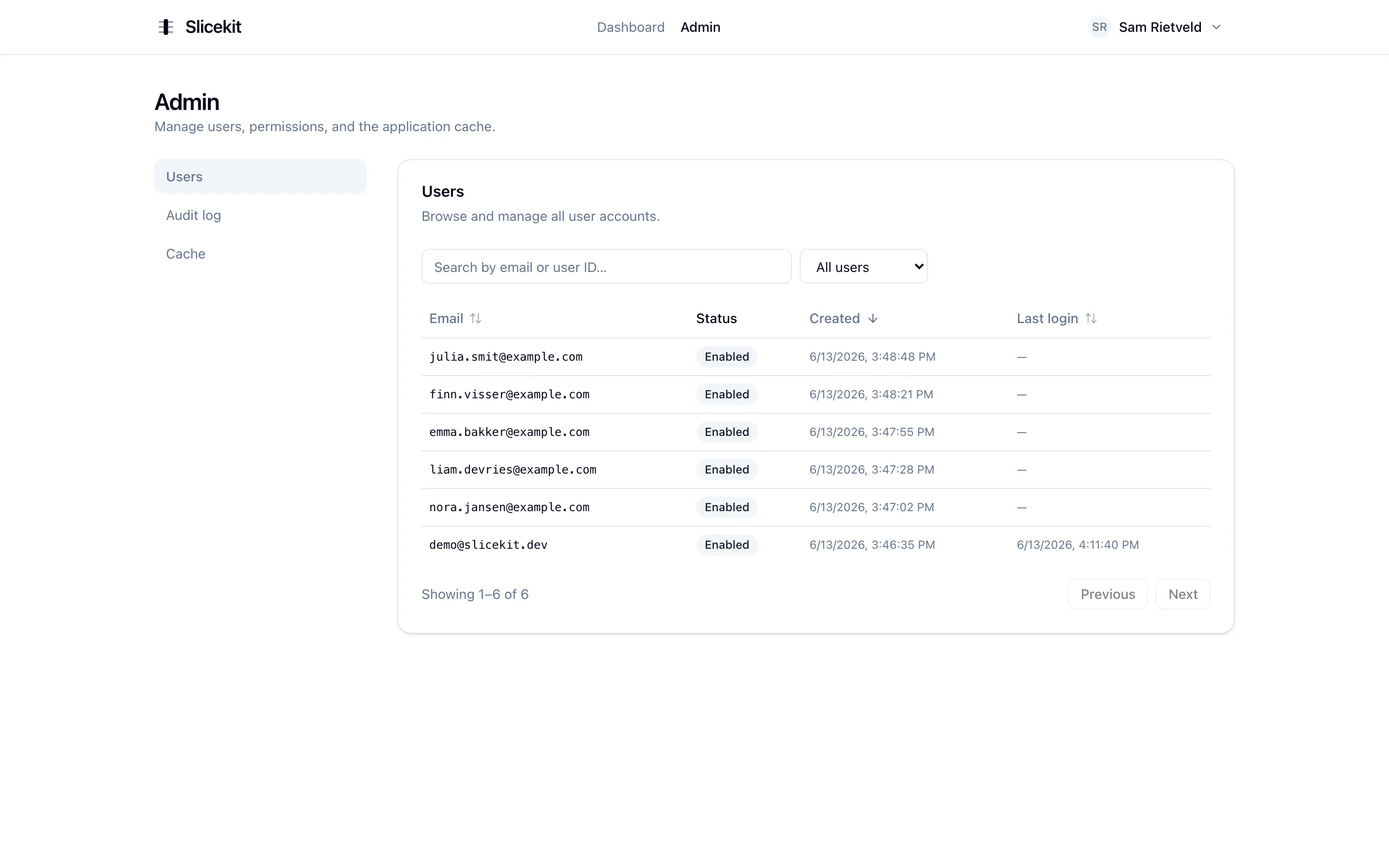 Admin user management table with sorting, pagination and account state
