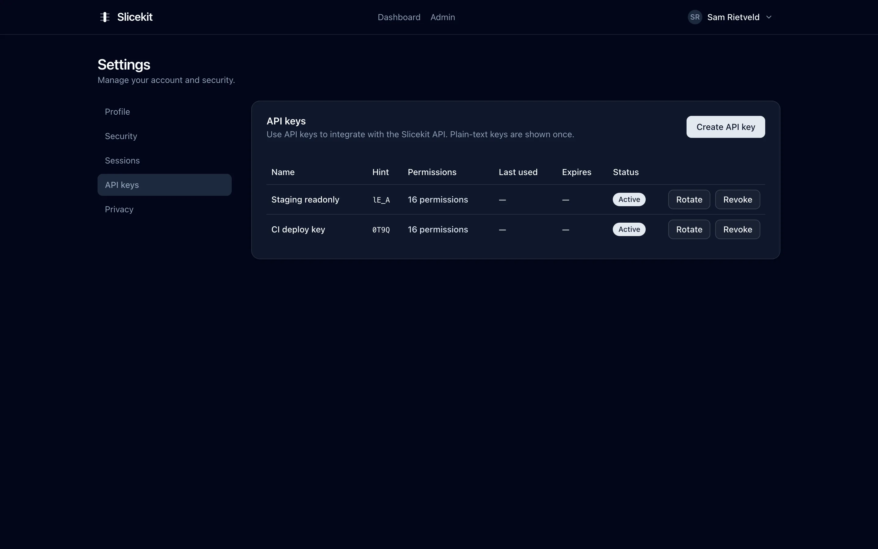 API key management with creation, scoped permissions and rotation