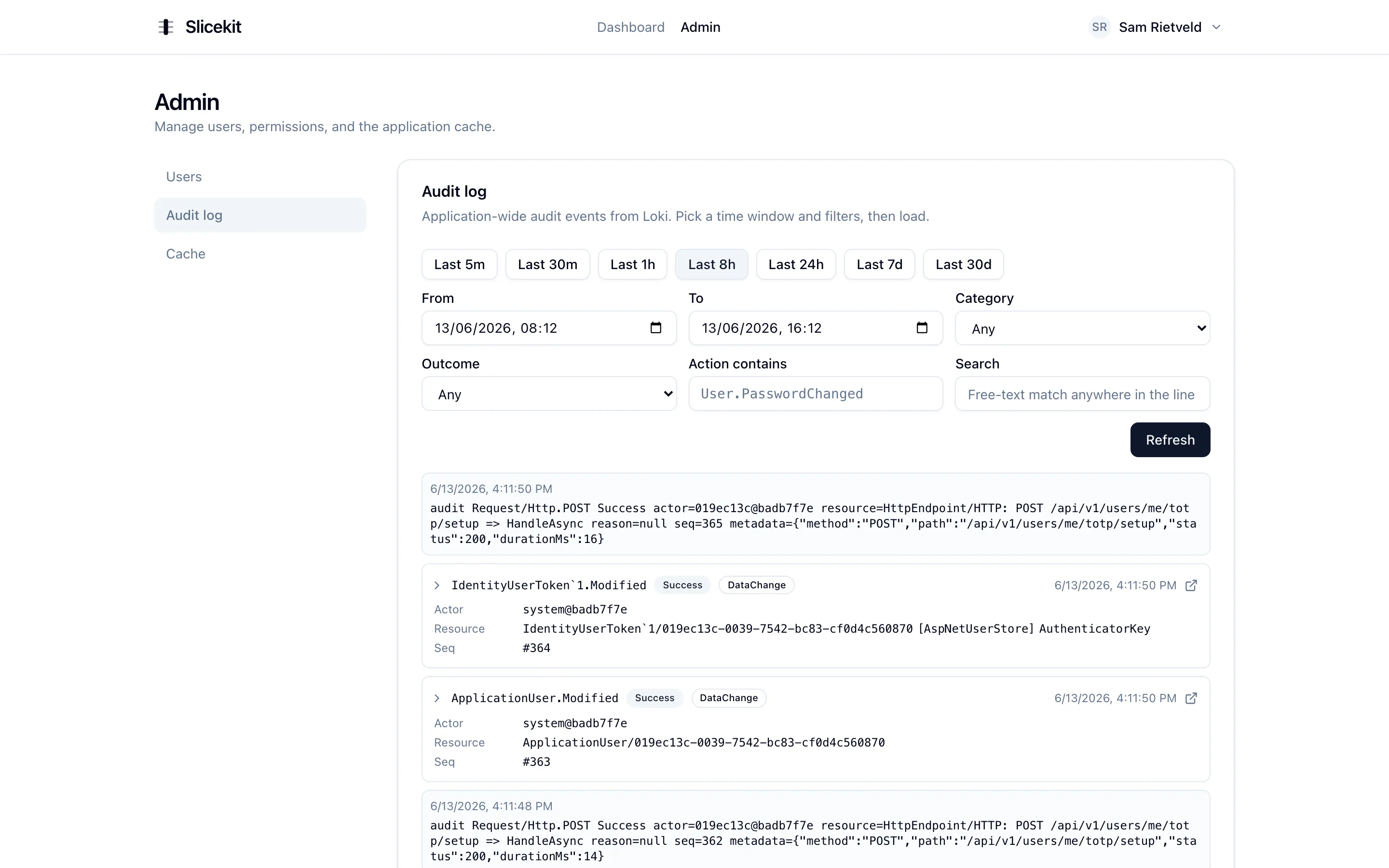Audit log viewer with filters for category, action, outcome and date range