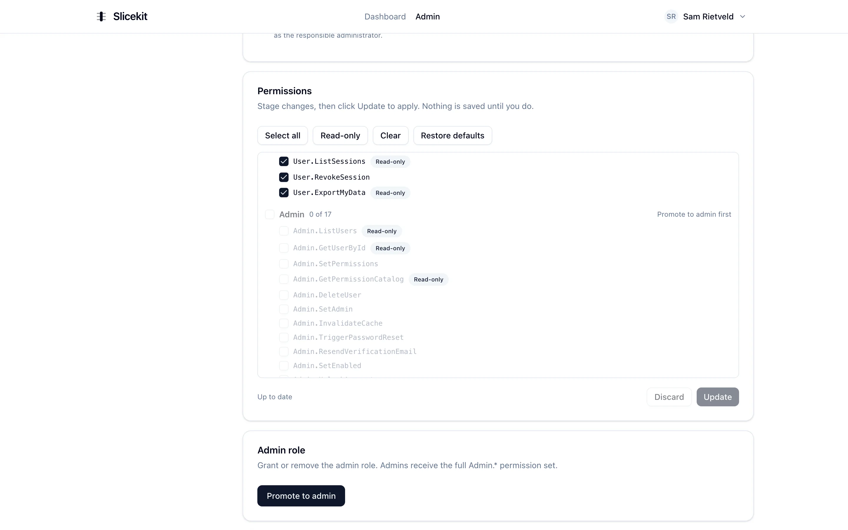 Granular permission catalog with per-permission grants, read-only flags and presets