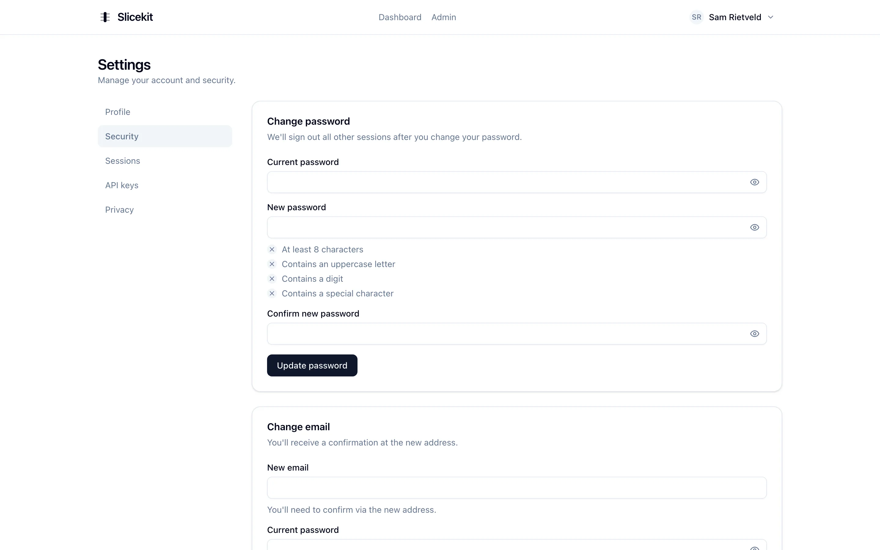 Security settings with password, email, two-factor, passkeys and linked accounts