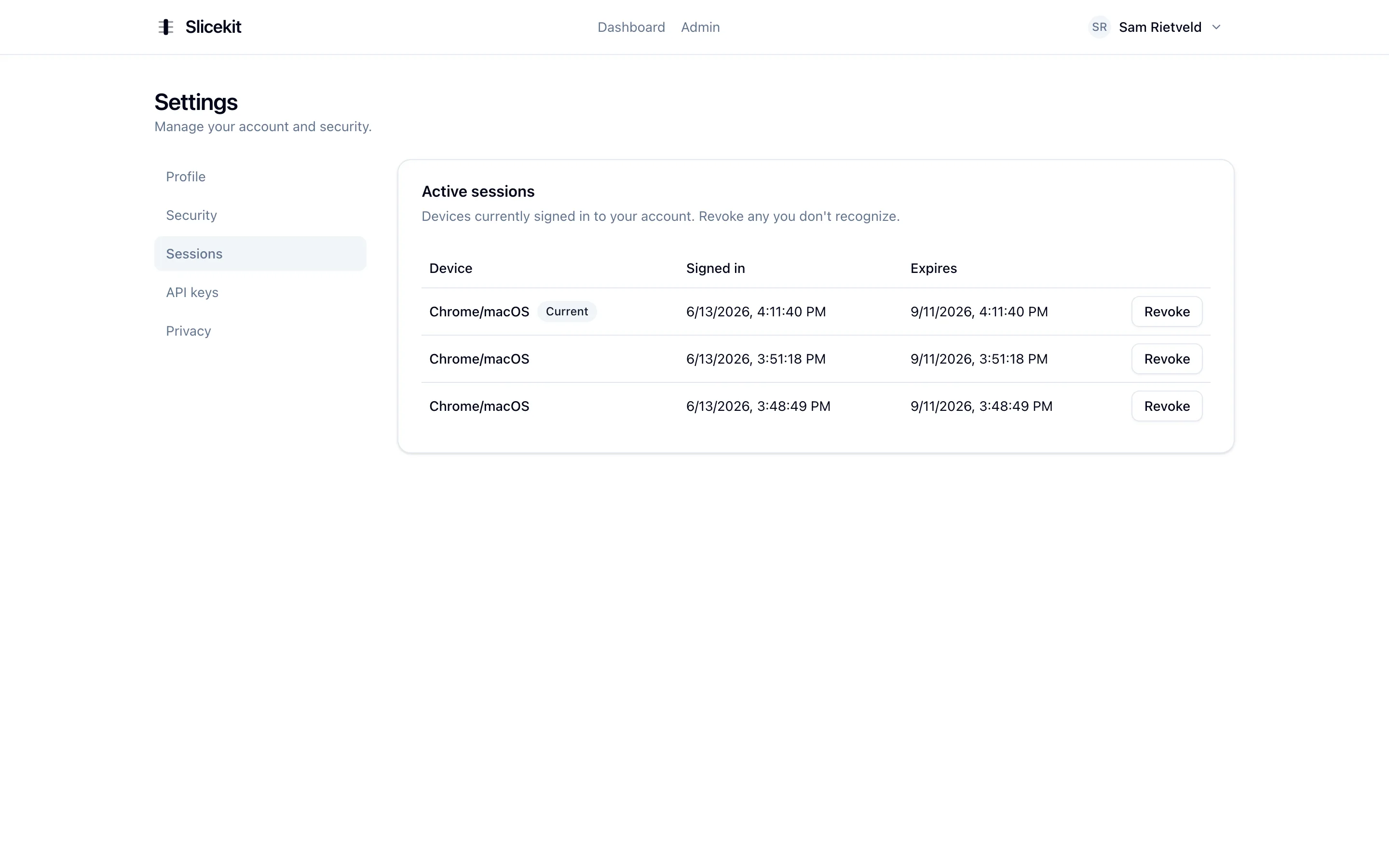 Active session list with device names and revocation