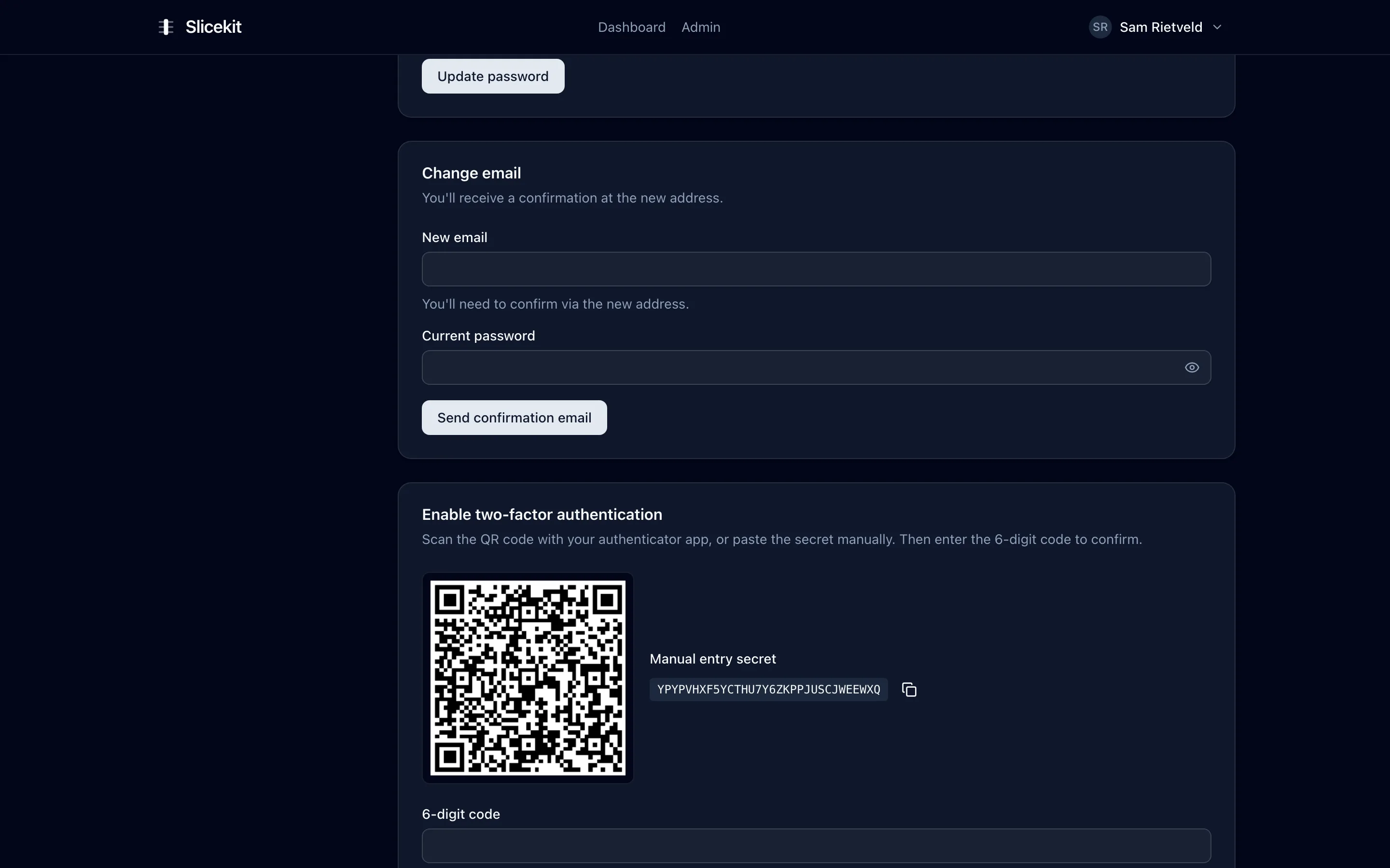 TOTP two-factor setup dialog with QR code and manual secret